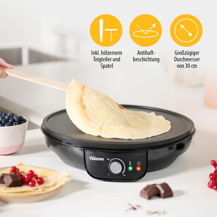 Млинниця Tristar з діаметром 30 см - з антипригарним покриттям, регульованим рівнем нагрівання, для млинців і млинців, кабель 0,8
