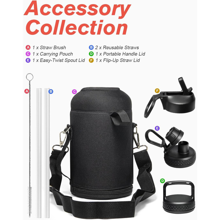 Пляшка для води Coolflask, ізольована, з соломинкою та 3 кришками, глечик для води 1,8 л, великий металевий, з нержавіючої сталі,