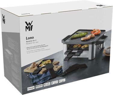 Раклет гриль зі сковородами та слайдерами, раклет 4 персони, 870 Вт, нержавіюча сталь матова