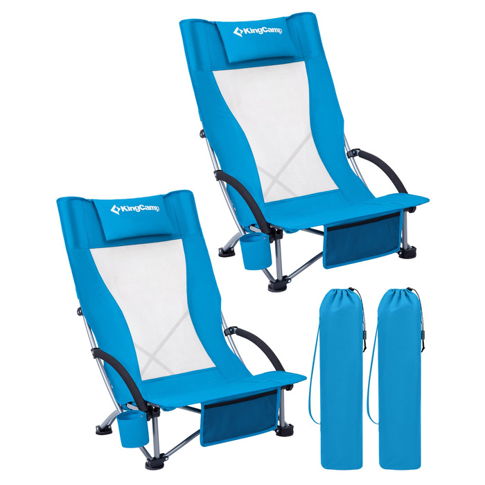 Низький складний пляжний стілець KingCamp, легкий, витримує до 180 кг, складний пляжний стілець із сітчастою спинкою, тримачем для напоїв та сітчастою кишенею, легкий складний кемпінговий стілець, складний стілець для пляжного кемпінгу Hr 2 шт., синє сітч