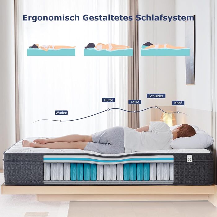 Матрац SuiLong Premium 140x200, висота 26 см, жорсткість H3, середньо-жорсткий, 7-зонний пружинний матрац із сертифікацією Oeko-Tex, ортопедичний пружинний матрац кишенькової форми з гелевим наповнювачем з ефектом пам&39яті, висота 26 см, 140 x 200 см