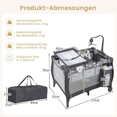 Складане дитяче ліжечко COSTWAY 3 в 1, 2-рівневе дорожнє ліжечко зі складним матрацом, пеленальний килимок, музичний мобіль, ігрова арка та сумка для перенесення, бічний ліжечко з колесами для дитини до 3 років (темно-сірий)