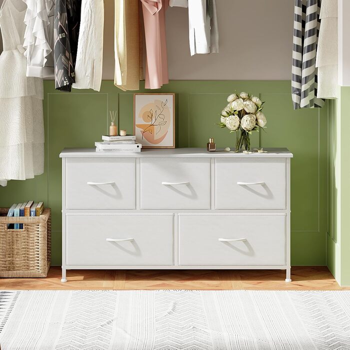 Комод Somdot, Тканинний комод, Комод для спальні, вітальні, коридору, Комод, Шафа для зберігання, 5 тканинних шухляд, Біла шкіра, 30Г x 100Ш x 55В см (5 шухляд)