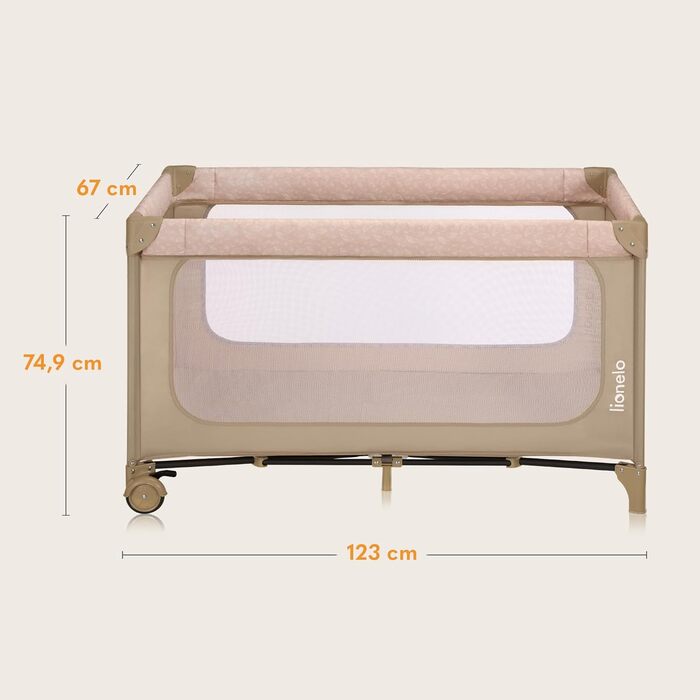 Дорожнє ліжечко Lionelo Jasmin Easy Fold для дітей вагою до 15 кг, віком від 0 до 36 місяців, матрац з пінопласту T25, 2 налаштування висоти, механізм легкого складання, бічний вхід, колеса, бежевий/пісочний