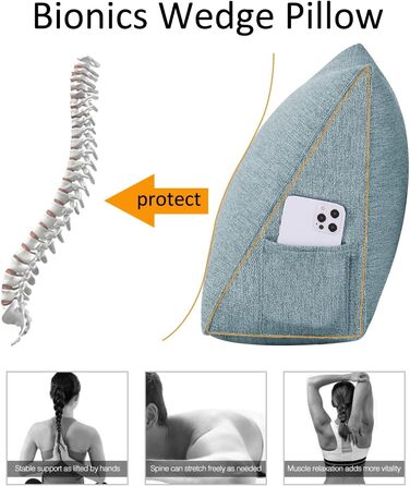 Подушка Johnear Wedge з бічною кишенею трикутна подушка для спини ліжка та дивана, подушка для читання з функцією підтримки, поперекова подушка та подушка для книги (сіра, 45 см)