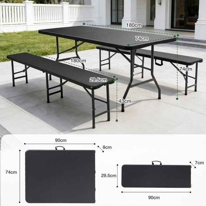 Складаний пластиковий набір для пивного саду Sekey Стіл 2 пивні лавки з ручками для перенесення Набір для пивного саду 180 см для приміщень/вулиці Набір пивних столів (чорний)