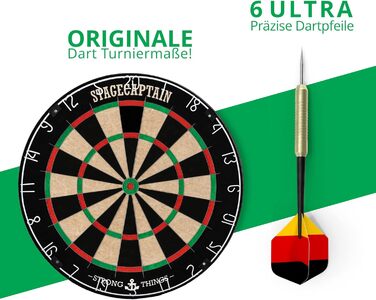 Мішень для дротиків Stagecaptain DBS-1715 Bullseye Pro з дротиками - Професійна сталева мішень для дротиків з сизалю - Мішень для дротиків з надтонкими дротами - Мішень для дротиків з 6 дротиками та 4 наборами дергань