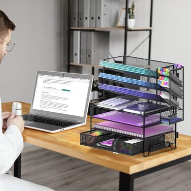 Рівневий настільний органайзер металевий лоток для листів з 4 плоскими та 3 кутовими лотками, тримач для паперу та документів зі знімним тримачем для ручок, компактний офісний органайзер, чорний, 7-