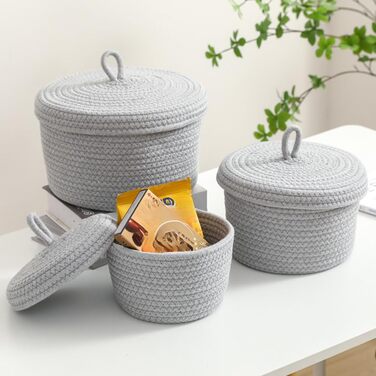 Плетені кошики з кришками, кошики для зберігання у ванній кімнаті, круглий кошик з кришкою, кошик для зберігання з кришкою, плетені кошики для зберігання (сірі)