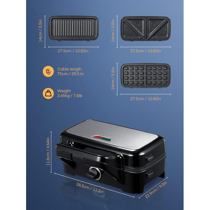 Сендвіч-машина HOUSNAT 3 в 1 - вафельниця, контактний гриль, сендвіч-машина - 1200 Вт з 5-швидкісним регулюванням температури - для бельгійських вафель - Антипригарне покриття - ідеально підходить для сніданку, кемпінгу та багато іншого Чорний