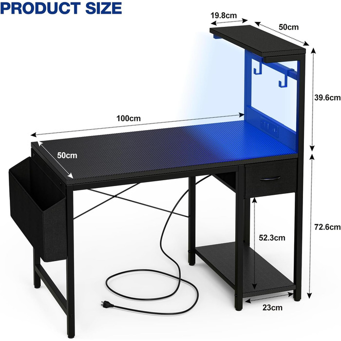 Ігровий стіл Grandder, ігровий стіл 100 см з розеткою та світлодіодним освітленням, комп&39ютерний стіл з двосторонніми полицями та шухлядою, ПК-стіл для домашнього офісу з відділенням для зберігання, чорний колір, 100 x 50 см, чорний колір