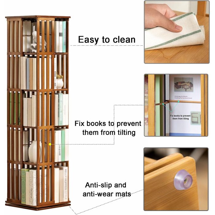 Книжкова полиця, що обертається на 360, з 5/6-ярусною бамбуковою полицею для зберігання, підлогова книжкова шафа-стійка, вітрина для дітей та дорослих, вітальня, кабінет, офіс (6 полиць)