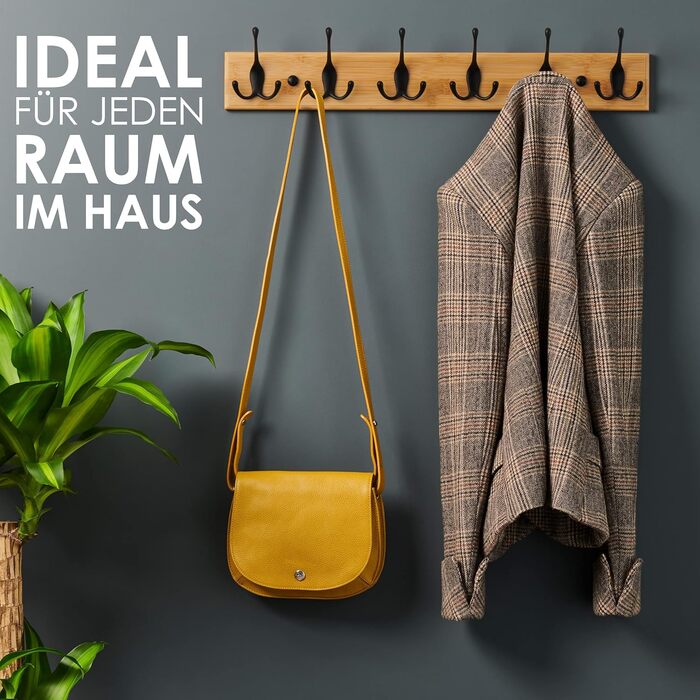 Гачки для одягу дерево - вішалка дерев'яна з 6 гачками чорного кольору - 59 см - гачки для одягу настінні - настінна вішалка для п