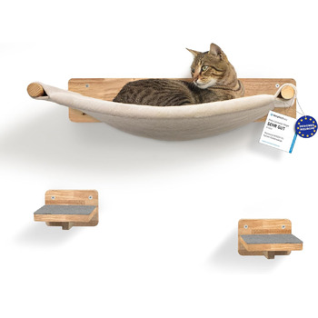 Стіна для лазіння для котів WOOWOOD, включаючи 2 котячі сходи масив дерева I Стіна-дряпка для котів I Гамак для котів I Стіна для котів I Настінна дряпка I Меблі для котів I Стіна для лазіння для котів з масиву дерева (3 частини)