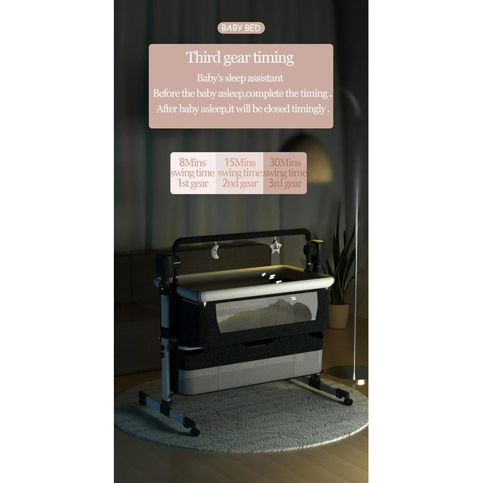 Дитяче ліжечко Nine Point Nine, розкладне дитяче ліжко-ліжечко, пружинне ліжко Baby Box з колесами, багатофункціональне, з 5 гойдалками (601 Середньо-сірий)