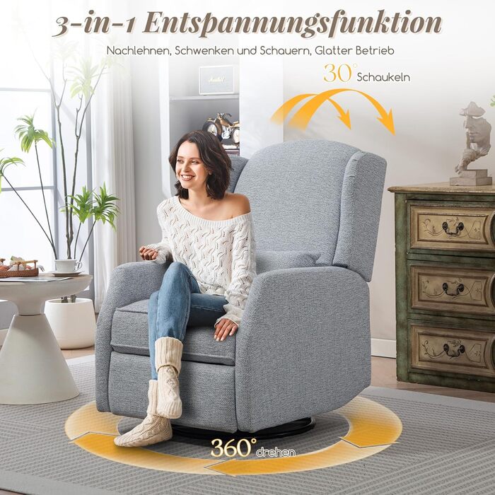 Крісло-гойдалка з функцією відкидання спинки, крісло для телевізора з поворотом на 360 для вітальні, крісло-гойдалка з м&39якою поперековою опорою, крісло для телевізора з функцією гойдання, ручне регулювання (сіре)