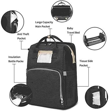 Портативна сумка для пеленання, рюкзак 4-в-1 для подорожей з вбудованою розкладною люлькою, ізольованими кишенями для пляшечок для