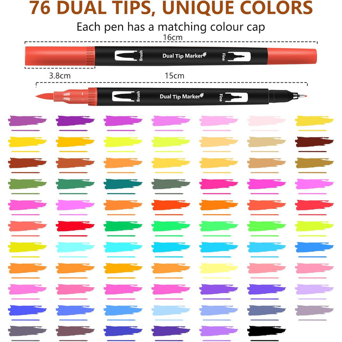 Фломастери Дитячий набір Пензлики з футляром, кольорові ручки з подвійним наконечником Fineliner Подвійний пензлик Набір ручок Maker Фломастери для дорослих Живопис, Скетчінг, Підсвічування, Напис, 76
