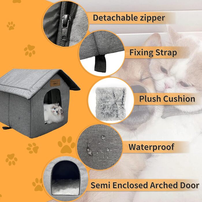 Котячий будиночок Vinnypet для вулиці, зимостійкий, водонепроникний, всепогодний, котяча печера, будиночок для домашніх тварин з плюшевою подушкою, тепла собача печера, що миється, притулок для бездомних тварин 40x35x40