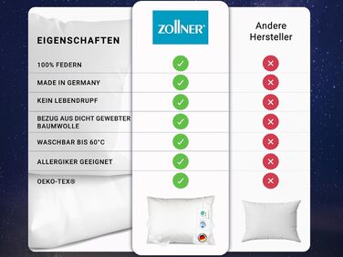 Подушка ZOLLNER зі 100 пір&39я - Зроблено в Німеччині - підходить для алергіків - чохол з високоякісної бавовни - можна прати при температурі до 60C - 70x90 см - готельна якість 70 x 90 см