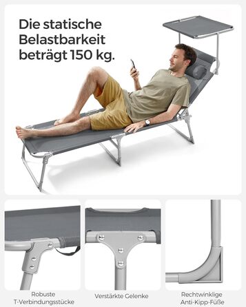 Шезлонг SONGMICS, розкладний крісло-реклайнер, 193 x 53 x 29 см, витримує до 150 кг, сонцезахисний козирок, підголівник, регульована спинка, для саду, басейну, патіо, темно-сірий GCB19UV1 темно-сіра подушка не входить до комплекту