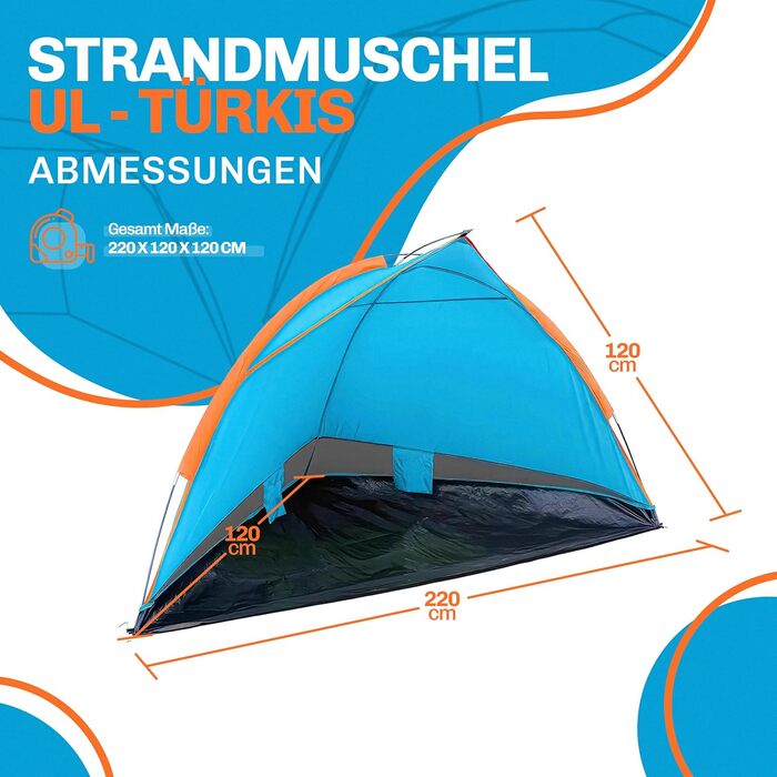 Пляжний намет Blumixx Pop-Up для 2-3 осіб вітрозахисний та сонцезахисний пляжний намет, компактно складаний, легкий дорожній пляжний намет, дитячий пляжний намет, захист від ультрафіолету, 220x120x120 см, бірюзовий