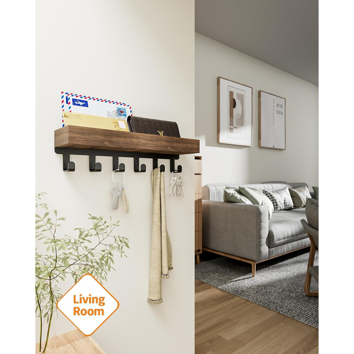 Ключниця з дерев'яним лотком і 6 гачками - багатофункціональна ключниця/дошка для ключів, ключниця з поличкою для передпокою, спал