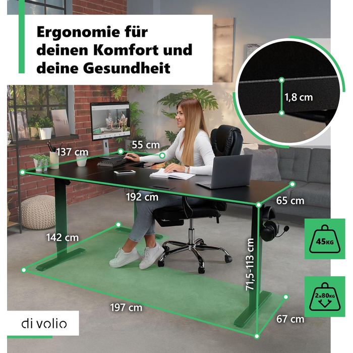 Кутовий письмовий стіл di volio з регульованою висотою, електричний TRANI Міцний електричний стіл Регульована висота з 2 двигунами, функція пам&39яті для домашнього офісу (чорний, правий Д 197 см/Д 142 см) Чорний правий Д 197 см/Д 142 см
