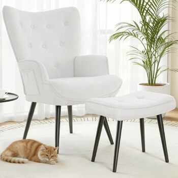 Крісло CLEVICH з підніжкою - Затишне крісло для відпочинку з підніжкою, крісло для читання, крісло з тканини Тедді для вітальні та спальні - До 168 кг, Біле