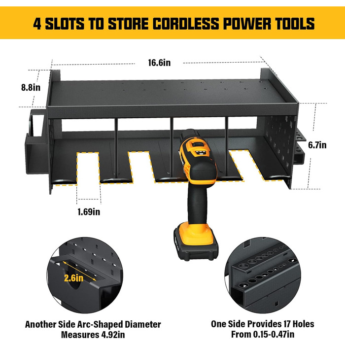 Зберігання інструментів Зберігання Настінне кріплення Акумуляторний ударний дриль-шуруповерт, 4 слоти Надміцний електричний дриль Настінна стійка для зберігання Організація викрутки Тримач інструментів Стійка для інструментів