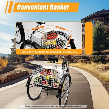 Дюймовий триколісний велосипед для дорослих, міський триколісний велосипед, 6-швидкісний триколісний велосипед, велосипед для відпочинку, триколісний велосипед з кошиком для покупок, протиковзкі та зносостійкі колеса, для покупок, подорожей, пікніків (чор