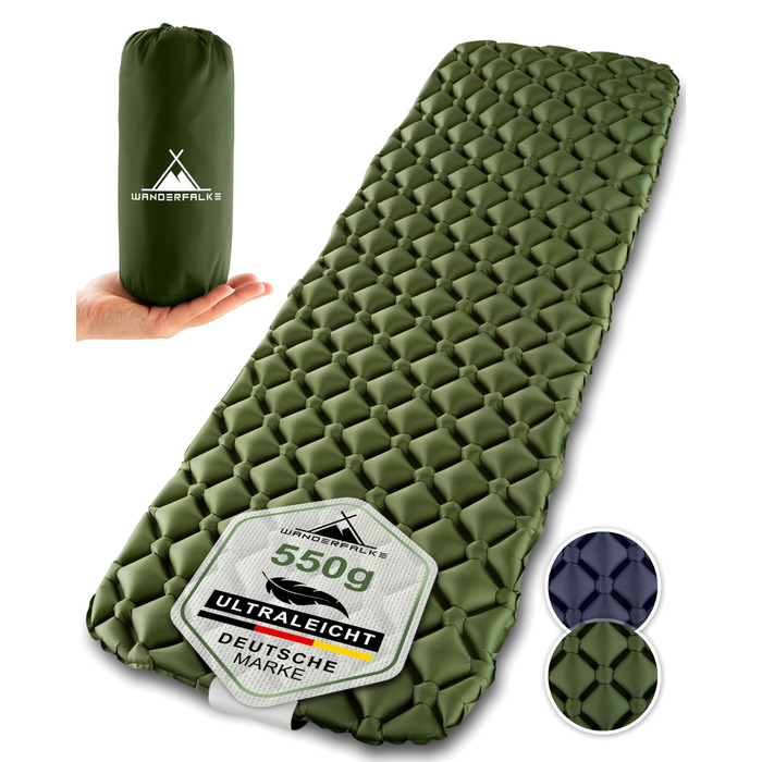 Надувний килимок для сну WANDERFALKE 550 г, ультралегкий - (XL ширина 66 см) - кемпінговий матрац з невеликим розміром упаковки для активного відпочинку, кемпінгу, піших прогулянок та велотуризму, зелений