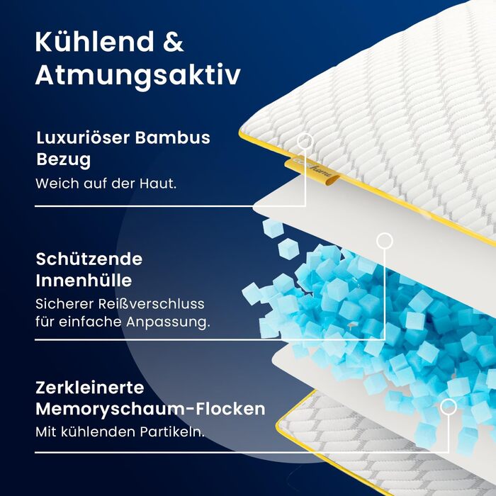 Подушка для сну Cosi Home Shredded Memory Foam, регульована подушка з бамбуковим чохлом та охолоджувальним ефектом, пінопластова подушка для сну на спині, животі та боці - можна прати, (1 упаковка)
