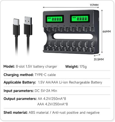 Акумуляторних літієвих батарейок AAA із зарядним пристроєм, 8 слотів USB-C Type-C, незалежна зарядка, РК-дисплей, інтелектуальна швидка зарядка для батарейок AAA, акумуляторні батарейки 1,5 В, зарядний пристрій AAA 8 батарейок AAA, 8