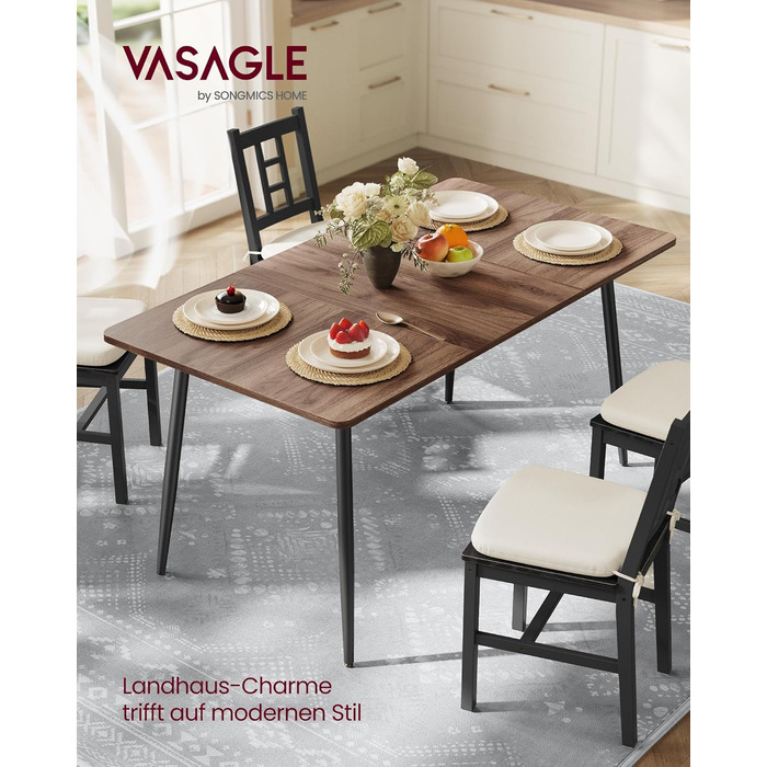 Обідній стіл VASAGLE для 4-6 осіб, обідній стіл у сільському стилі, кухонний стіл, термостійка стільниця, швидке складання, 75 x 140 x 75 см, натуральний горіх - чорний колір KDT100KE02 Натуральний горіх чорний колір