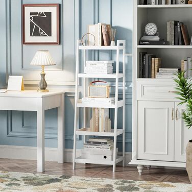 Бамбукова книжкова полиця SMIBUY з драбиною, органайзер для полиць у ванній кімнаті, окремостояча підставка для рослин, компактні полиці для спальні, кухні, балкону (біла, 5 полиць (127 см заввишки)) Біла 5 полиць (127 см заввишки)