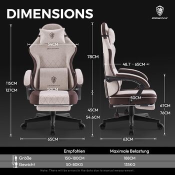 Тканина ігрового крісла Dowinx з пружинною подушкою, масажне офісне крісло з поперековою опорою та підставкою для ніг для дорослих, ергономічне ігрове крісло великого та високого розміру для офісних ігор 135 кг, коричневе