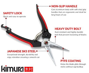 Садові ножиці Kimura Pro, 20,3 см, високоякісні леза з твердої японської сталі SK5, ручки з нековзним вініловим покриттям, легкі та ергономічні, багатофункціональні ножиці, садові ножиці