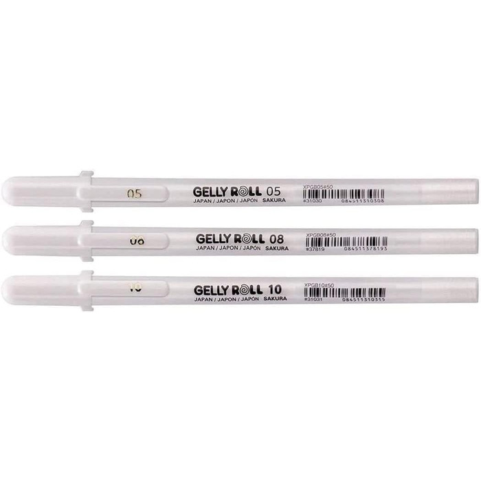 БІЛИЙ, 3 ручки Яскрава Біла в чохлі, MIX-Size 05/08/10, 3 fineliners Sakura Gelly Roll