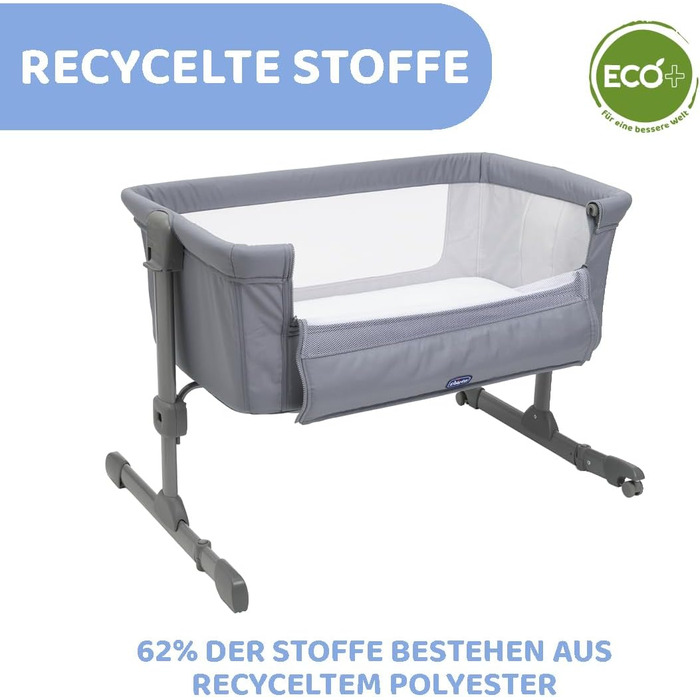 Дитяче ліжечко Chicco Next2Me Essential для новонароджених, приліжкове ліжечко, сумісне з різними ліжками, регульована висота, гарна циркуляція повітря, матрац і сумка в комплекті, 0-6 місяців, сірий колір