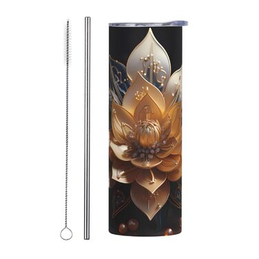 Кухоль з прямою трубочкою, 590 мл, білий, ніжний принт квітки лотоса, дорожній кухоль, підходить для кемпінгу, офісу та дому