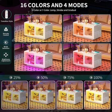 Білий журнальний столик YITAHOME, глянцевий стіл для вітальні з сучасним світлодіодним освітленням, білий бічний столик з відкритою регульованою полицею для демонстрації, 80x40x45 см