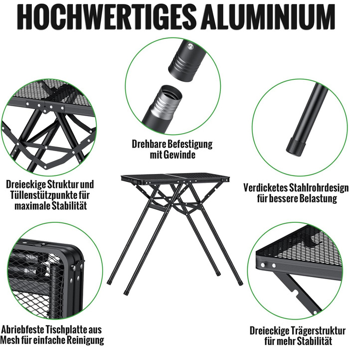 Складаний стіл для гриля GARLLEN, 60x40 см та 3 регульовані висоти (25/48/71 см), X-подібна конструкція опори стабільний, легкий та портативний кемпінговий стіл, складаний стіл, садовий стіл, стіл для пікніка, невеликий стіл для гриля