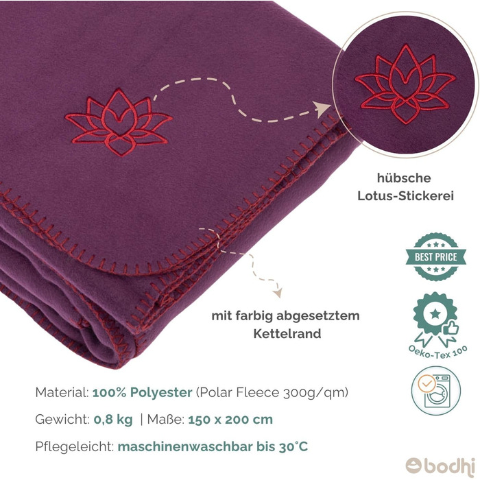 Ковдра для йоги Бодхі Ковдра ASANA М&39яка та тепла пухнаста ковдра Ковдра для медитації для Шавасани Флісове покривало з вишивкою лотоса Ковдра для дивана та пледа 150 x 200 см (темно-баклажановий)