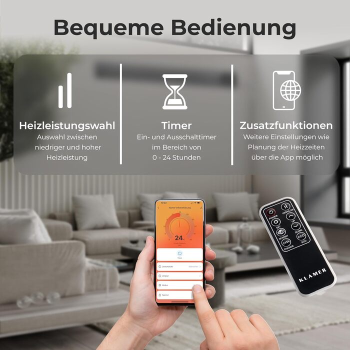 Інфрачервоний обігрівач KLAMER 2600 Вт WiFi радіаційний обігрівач із застосунком і таймером, кріплення на стелю та стіну, виявлення відкритого вікна, захист від перегріву, тихе радіаційне тепло для патіо, зимового саду та приміщень, чорний