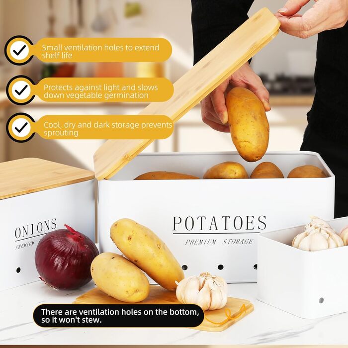 Ящик для зберігання картоплі - Комплект із 3 предметів - Зберігання картоплі, цибулі та часнику - Довше зберігає овочі свіжими - Горщик для картоплі, горщик для цибулі та горщик для часнику - Білий