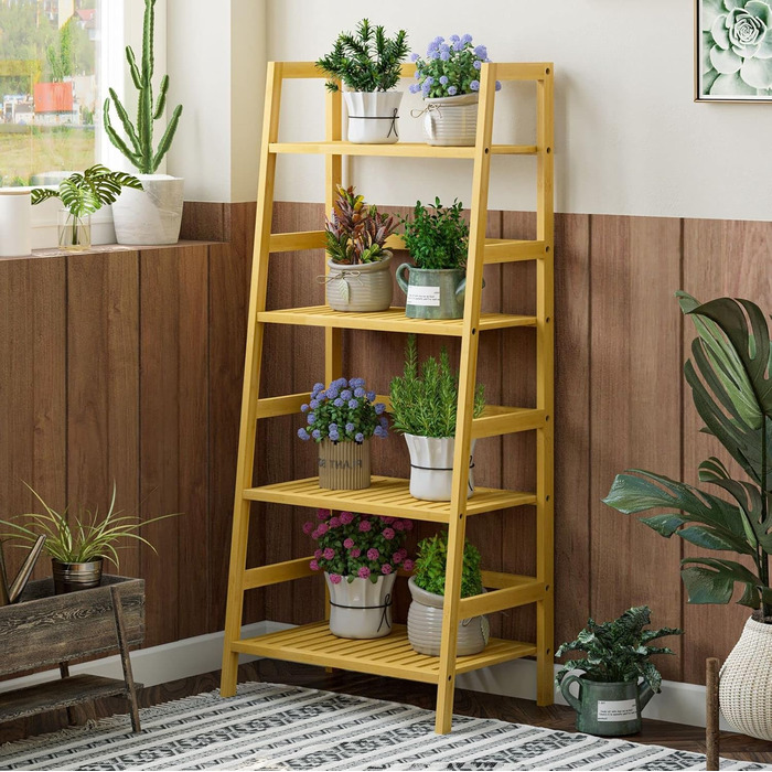 Полиця для ванної кімнати VIAGDO, полиця-драбина з 4 ярусами, книжкова полиця, полиця для взуття, полиця для рослин, полиця для балкону, полиця для квітів, багатофункціональна бамбукова полиця для невеликих приміщень, натуральний бамбук