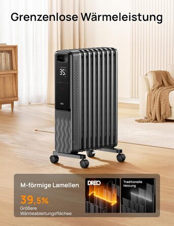 Енергозберігаючий масляний радіатор Dreo 2000 Вт, портативний електричний обігрівач з 9 ребрами, пульт дистанційного керування, 3 налаштування нагріву, 4 режими, 24-годинний таймер, захист від перегріву та перекидання, електричний радіатор з термостатом, 