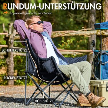 Крісло для кемпінгу Portal, складне, суперм&39яке, вантажопідйомність 150 кг, складне рибальське крісло XXL, товсто оббите з підлокітниками, м&39яке вуличне крісло, чорне