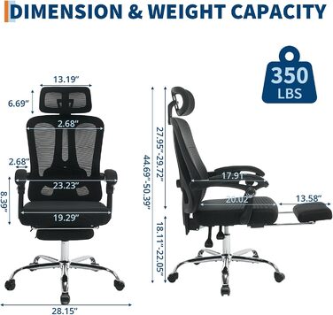 Офісне крісло Garvee з підставкою для ніг, ігрове крісло з сітки, регульоване по висоті, витримує навантаження до 150 кг, ергономічне робоче крісло, регульований підголівник та поперекова опора, надзвичайно широке, зручне чорного кольору